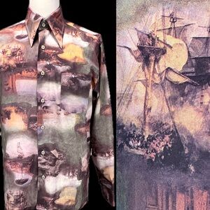 VINTAGE 70s sailing ship button down shirt‎ disco pointed dagger collar Sears
